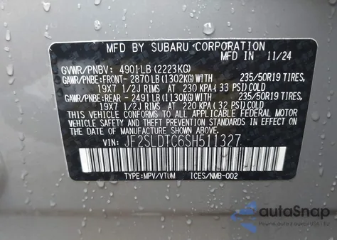 2025 Subaru Forester Touring из США, поврежденный, VIN JF2SLDTC6SH511327